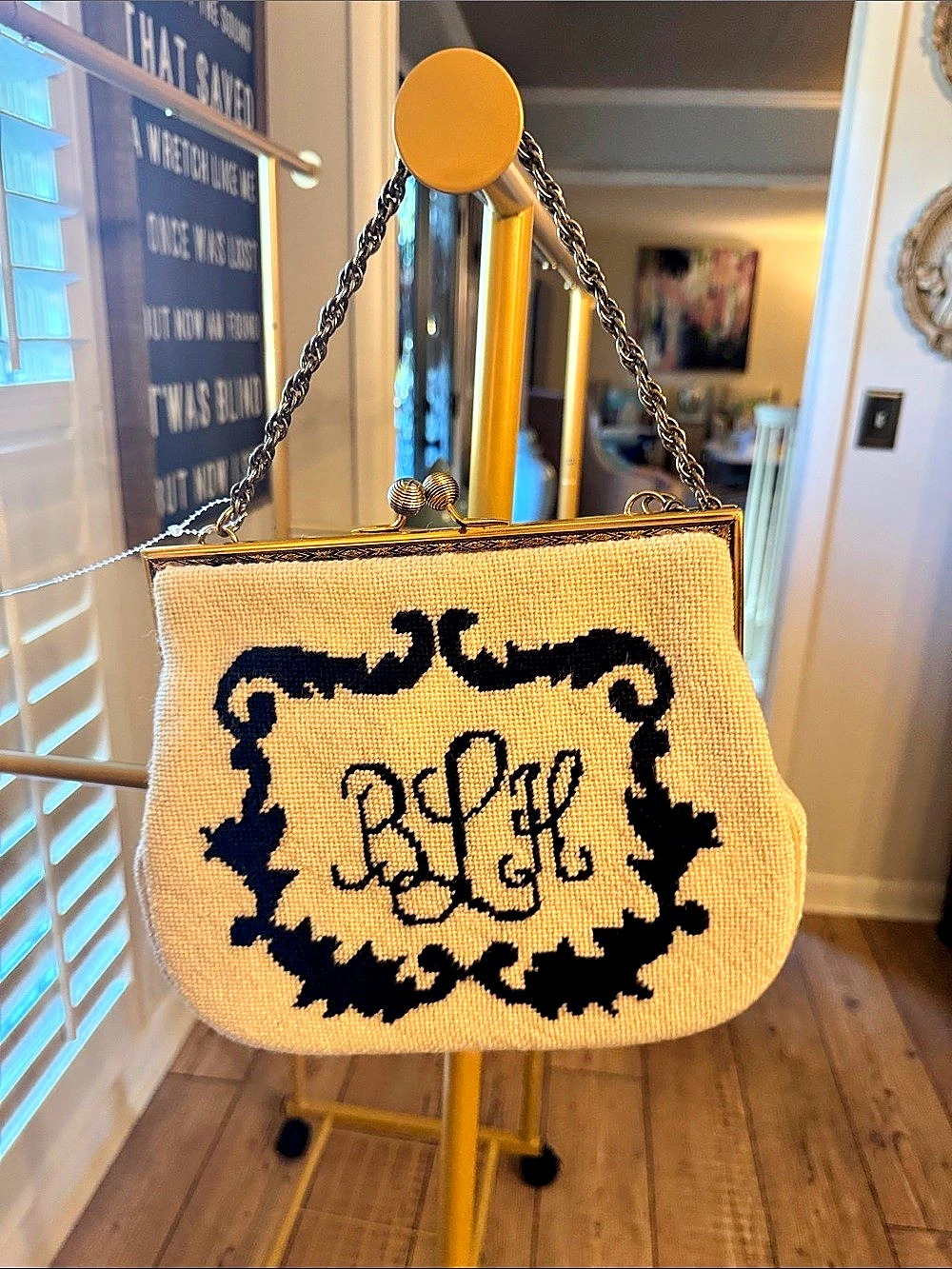 Vintage needlepoint Embroidered Frame Clutch in Cream & Black